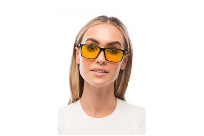 Woman Wearing Brooklyn Light Sensitivity Glasses Readers