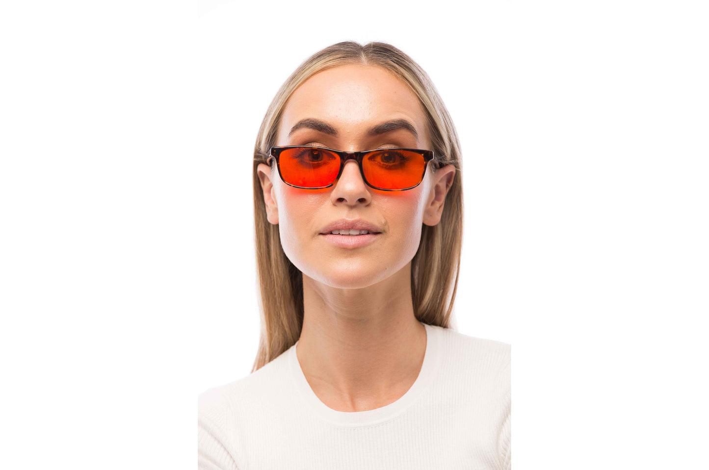 Woman Wearing Tortoise Shell Blue Light Blocking Glasses