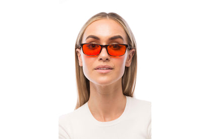 Woman Wearing Tortoise Shell Blue Light Blocking Glasses