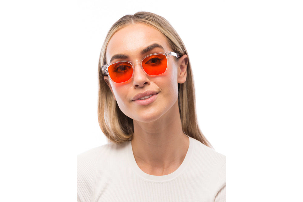 Woman Wearing Crystal Blue Light Blocking Glasses