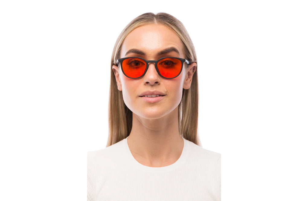 Woman Wearing Echo Blue Light Blocking Glasses