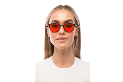 Woman Wearing Echo Blue Light Blocking Glasses Readers