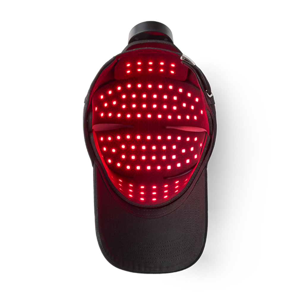 Inside of Black cap with red LED lights on, glowing red.