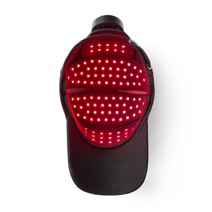 Inside of Black cap with red LED lights on, glowing red.